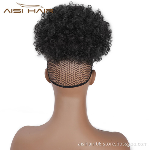 Aisi Hair New Design Kinky Curly Puff Black Color Hair Bun With Bangs Afro Short Curly Synthetic Hair Extension For Black Women